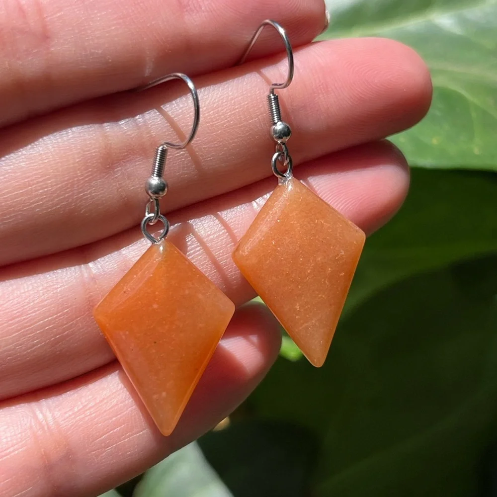 Stainless steel orange aventurine diamond‎ shape drop earrings